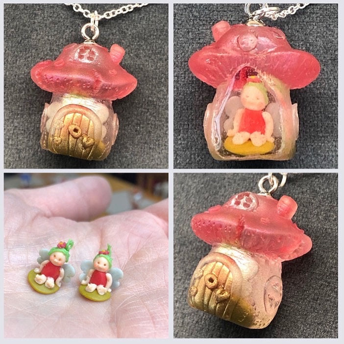 Secret Fairy Mushroom House necklace Ooak jewellery hand sculptedSecret Fairy Mushroom House necklace Ooak jewellery, my hand sculpted polymer clay Padpod &amp; Berrie Fairy, inside hand poured epoxy resin Fairy Mushroom House whinecklacePadpodandberrieMy Fairytale GiftsSecret Fairy Mushroom House necklace Ooak jewellery hand sculpted