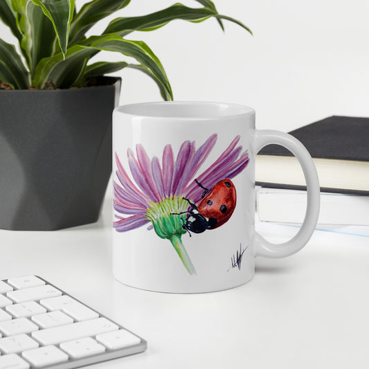 Ladybird on Daisy "Joy Ride" Water colour art print. Whether you're drinking your morning coffee, evening tea or something in between this white gloss mug is for you